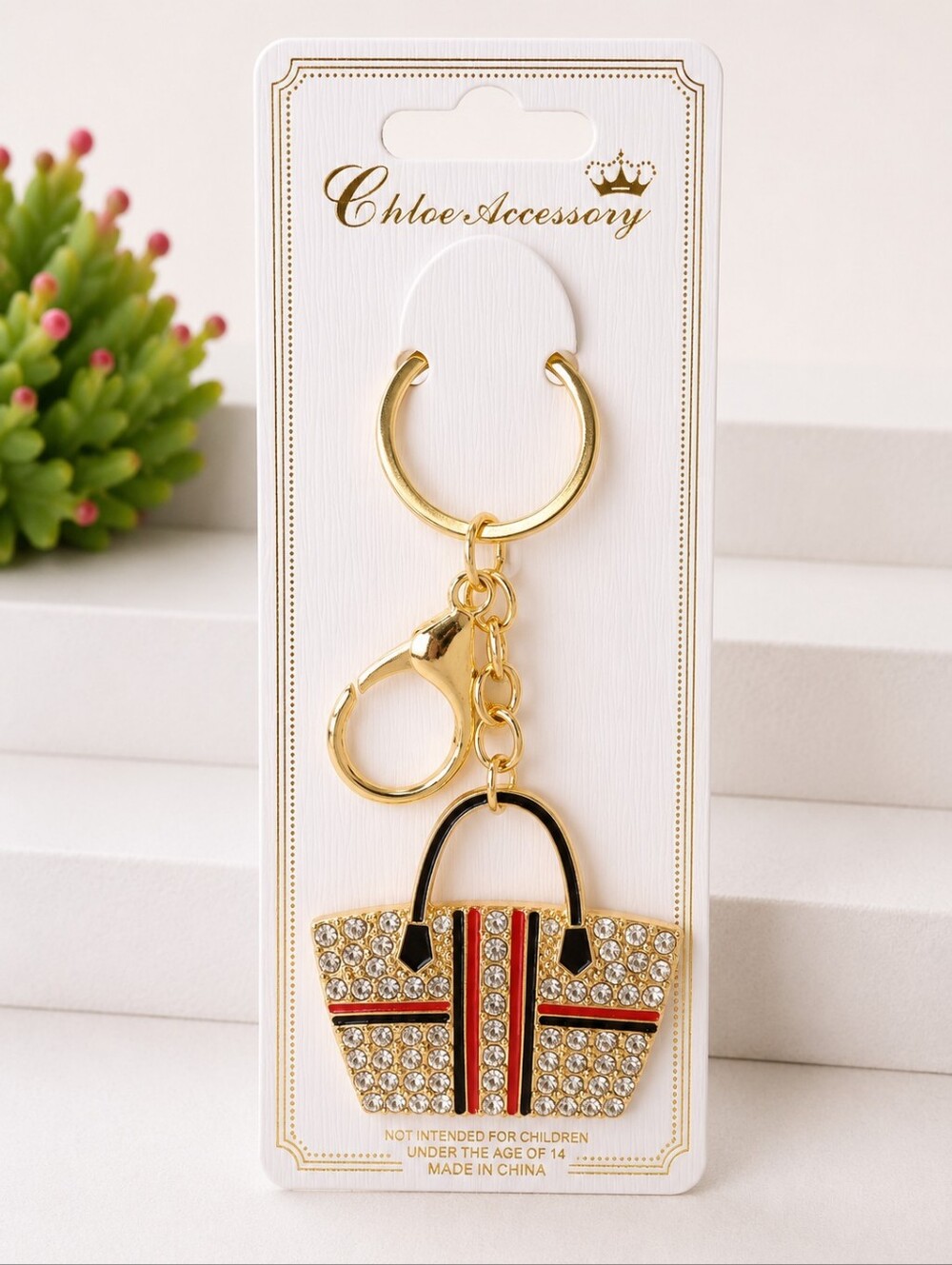 Women's Rhinestone Handbag Keychain Bag Charm Gold Tone RED Purse Accessories